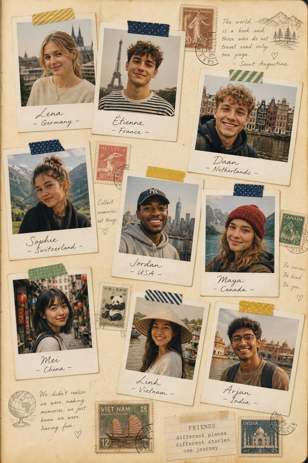Collage of young students from China, Vietnam, India, Germany, Netherlands, Switzerland, USA and Canada — a school journal of international cohorts
